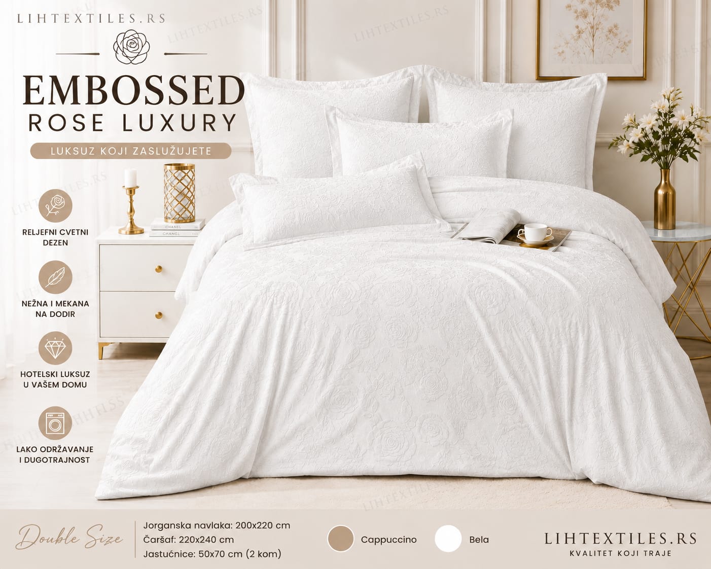 Embossed Rose Luxury bračna posteljina | Bela